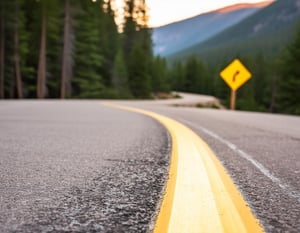 Firefly curved road in montana with blurred curved yellow road sign on the right in the background 7