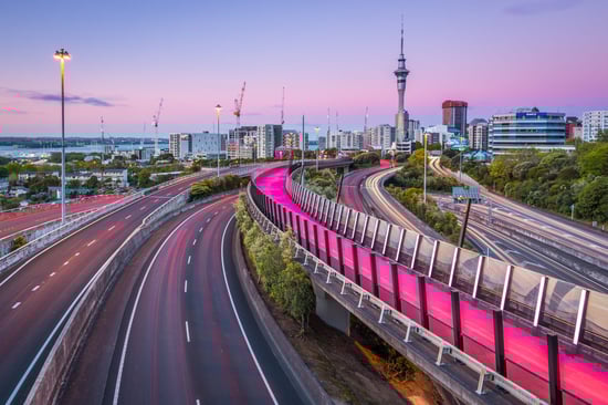 Landscape shot of Auckland cycle path and sky tower