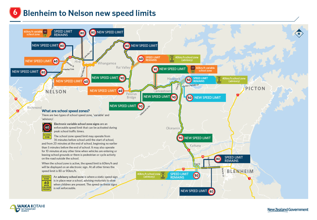 SH6 Blenheim to Nelson speed review new speed limits map

